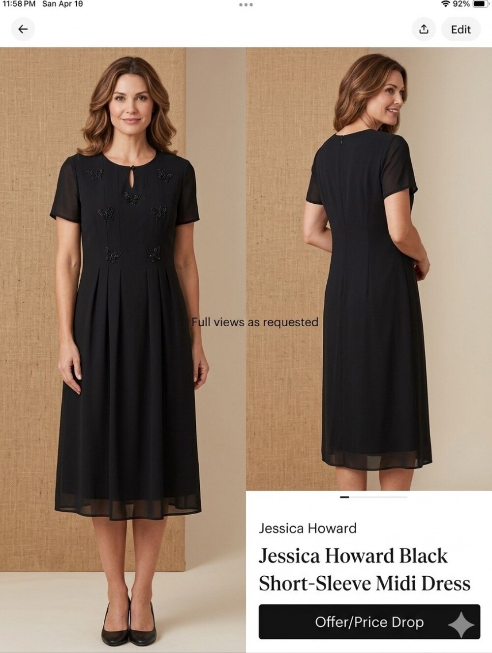 Jessica Howard Black Short-Sleeve Midi Dress with Beaded Bodice